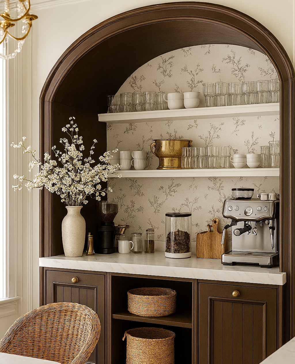 Arched brown wood coffee nook with floral wallpaper and a white marble counter
