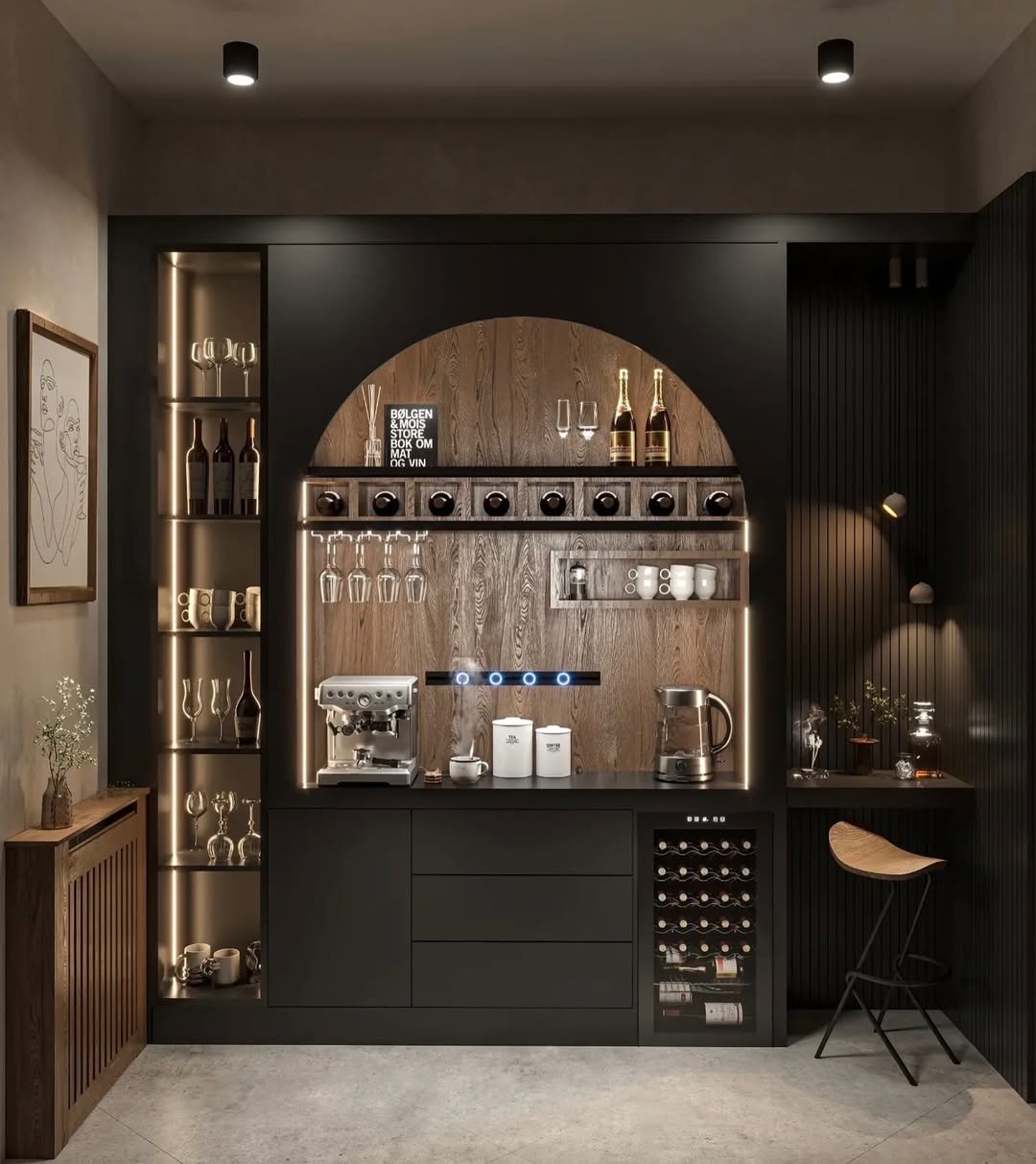 Black coffee and wine bar with an arched wood panel and built-in wine fridge