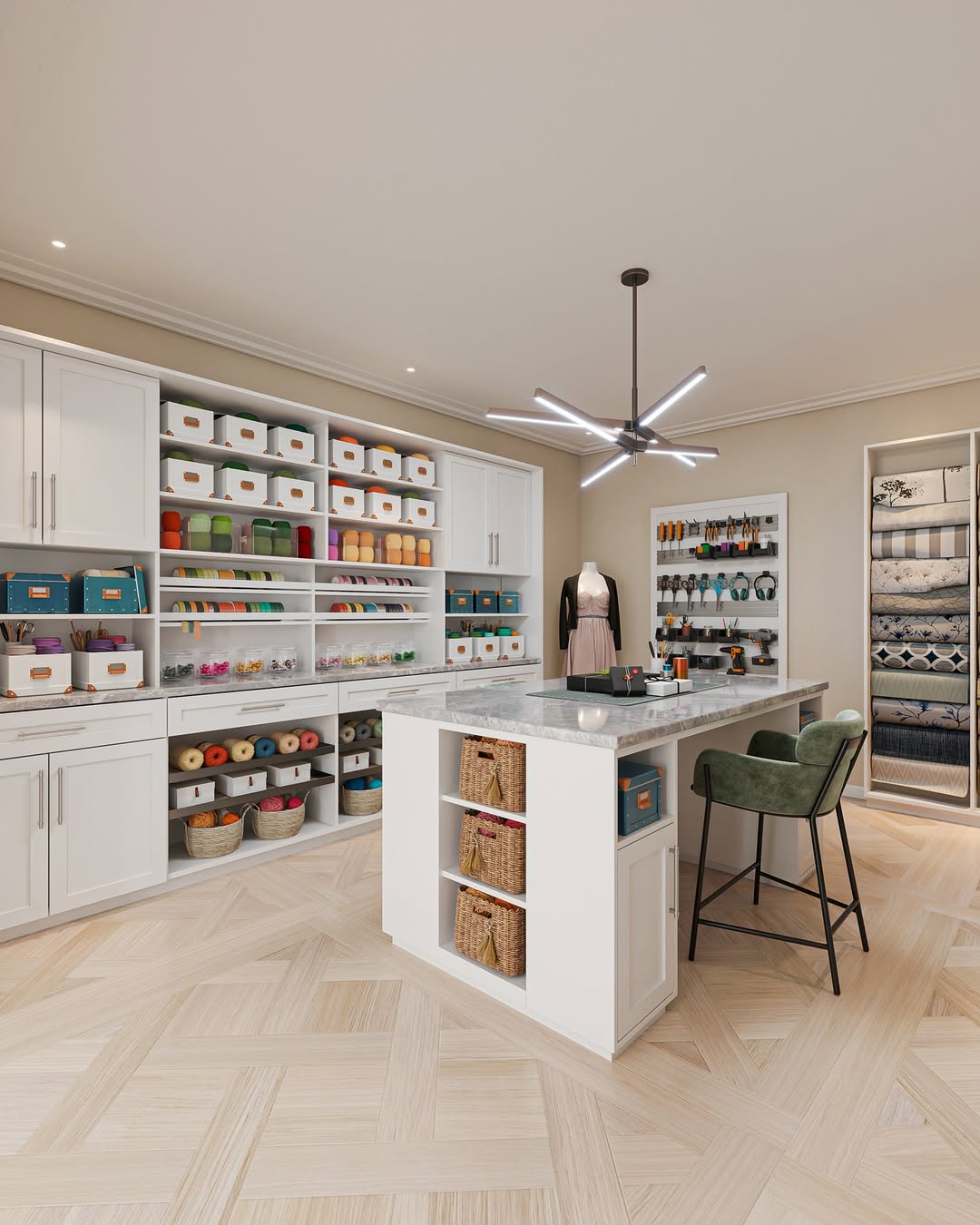 Marble-topped island in a large luxury craft room with color-sorted open shelving
