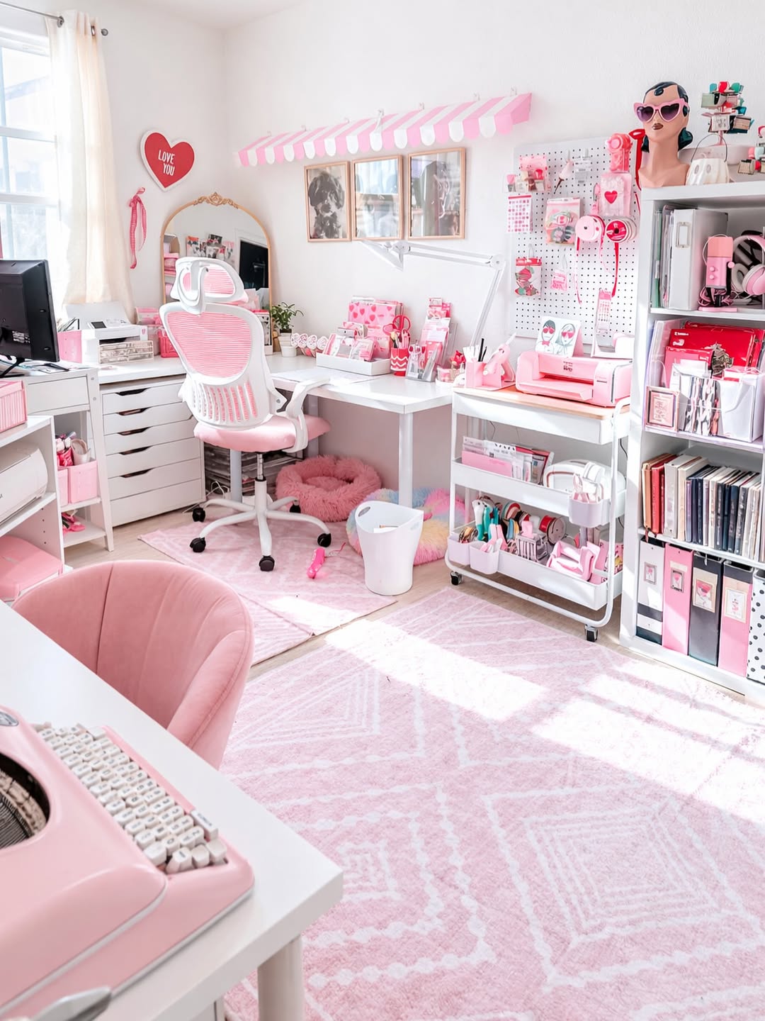 Pink and white craft room with a vintage pink typewriter and rolling supply cart