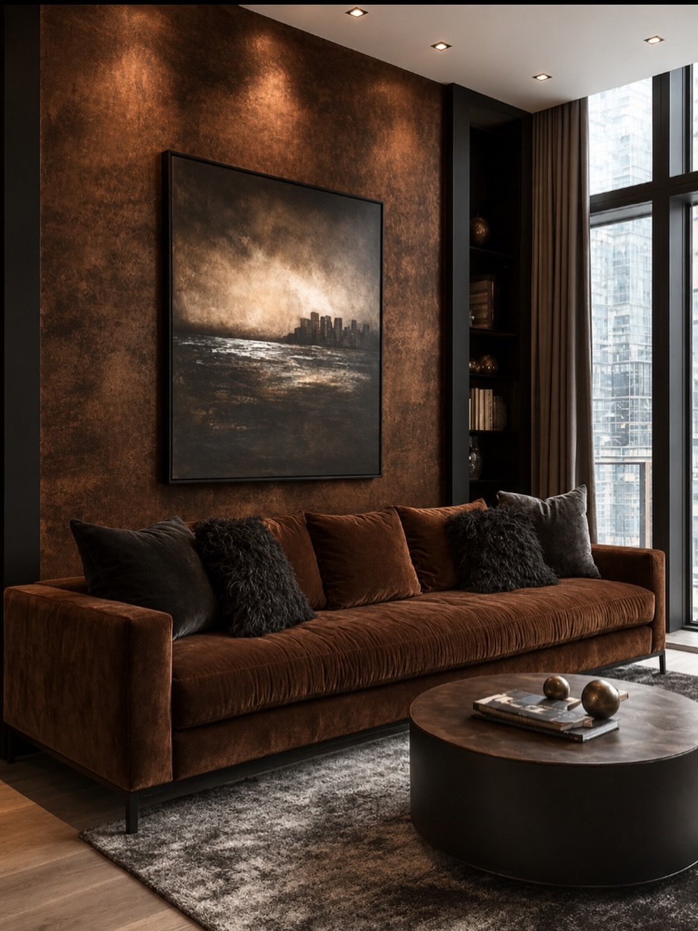 Rust-brown velvet sofa against a textured copper accent wall