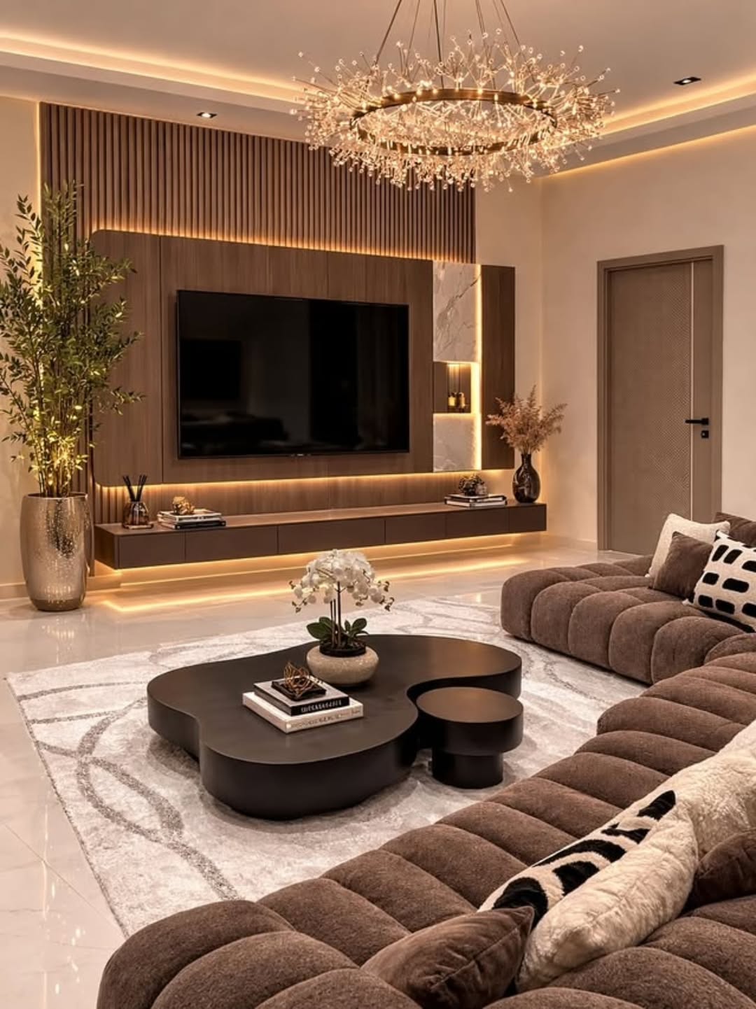 Channel-tufted brown sectional under a statement crystal chandelier