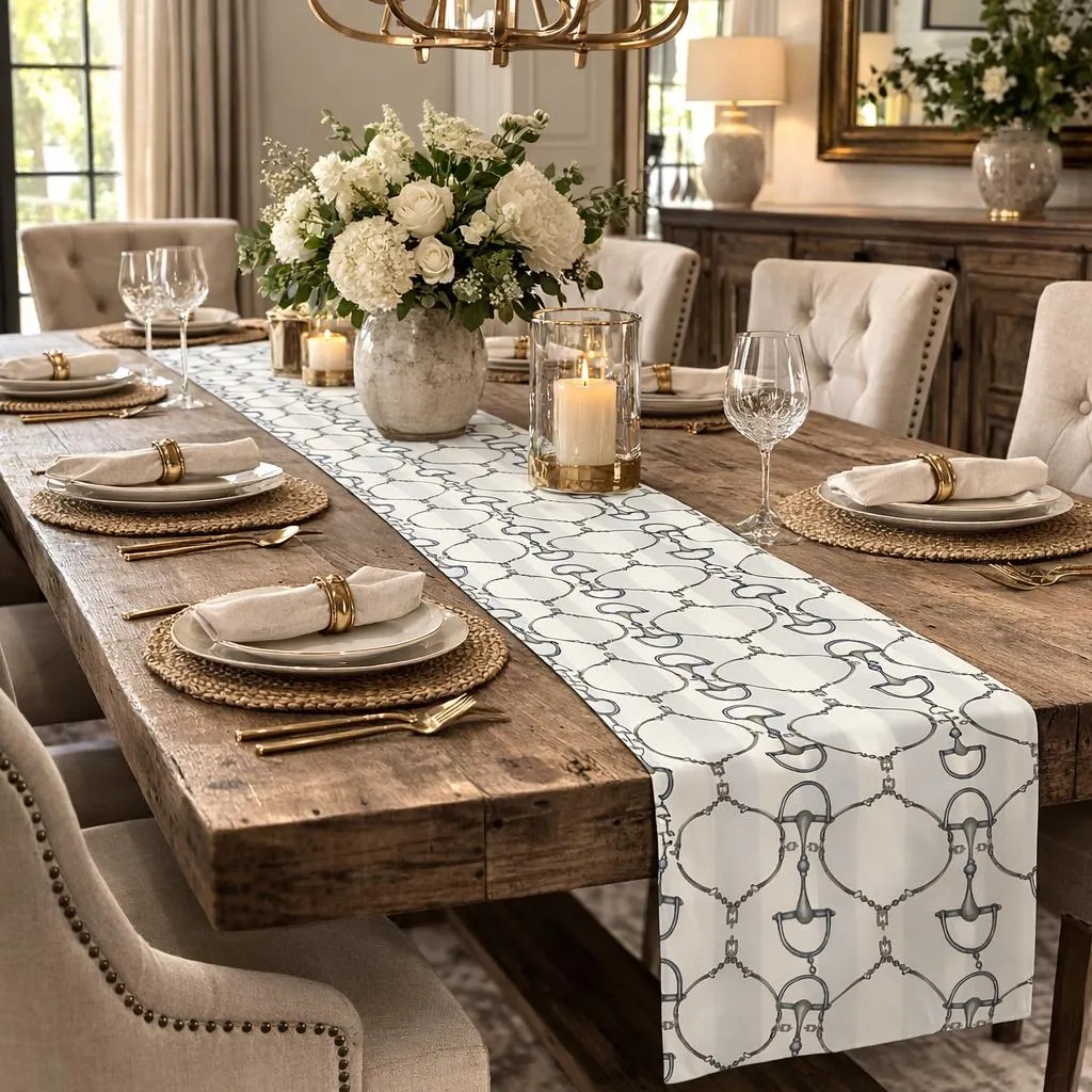 White faux cherry blossom stems in a textured vase on a round woven tray on a wood dining table