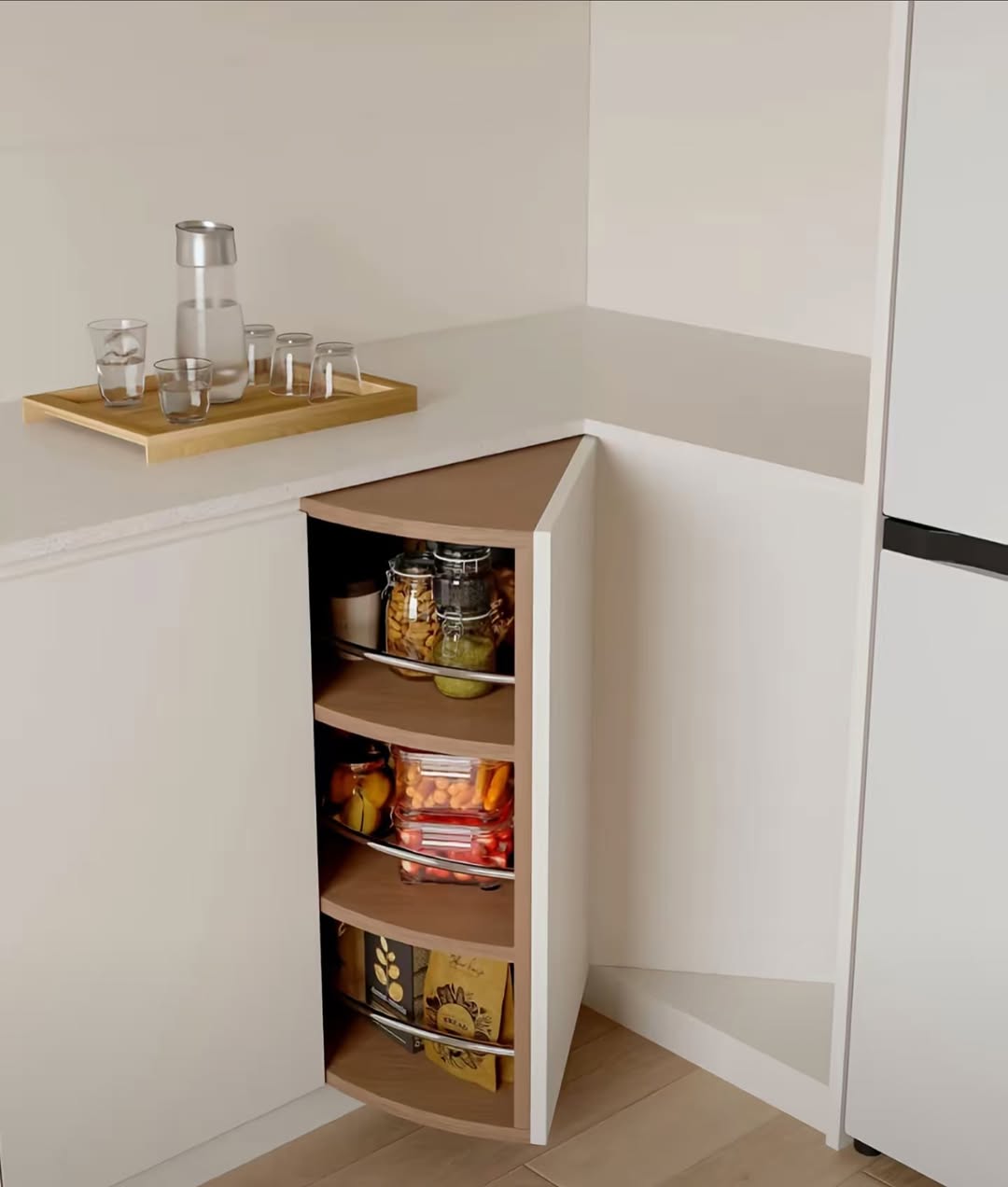Compact rounded lazy Susan corner cabinet beside a kitchen counter
