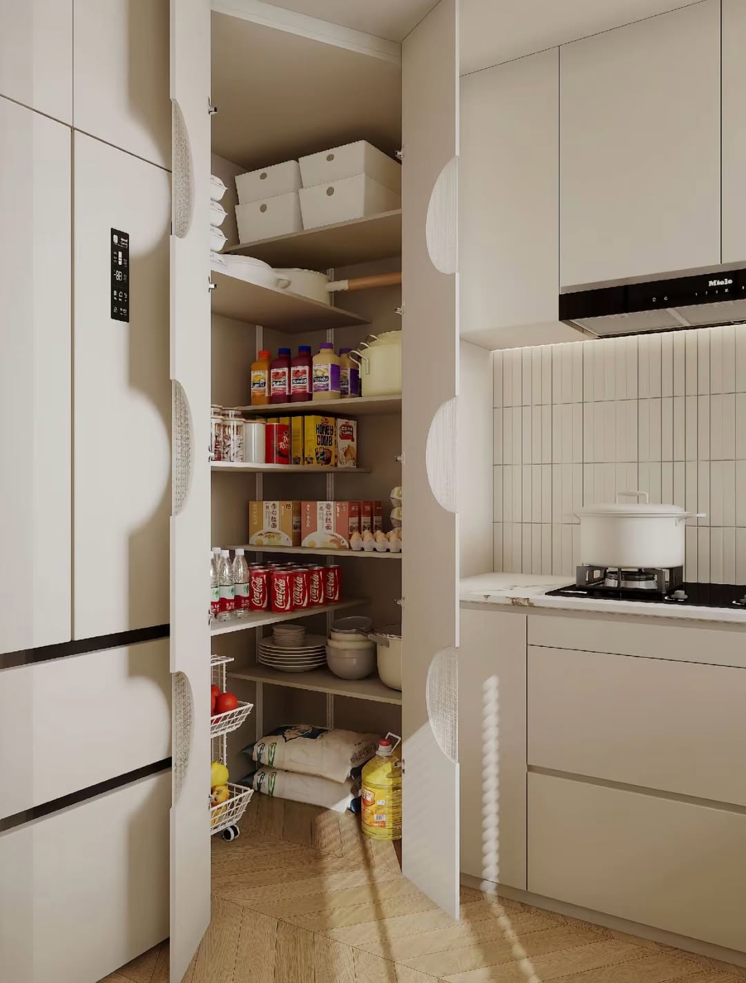 Deep white corner walk-in pantry with folding doors beside a fridge