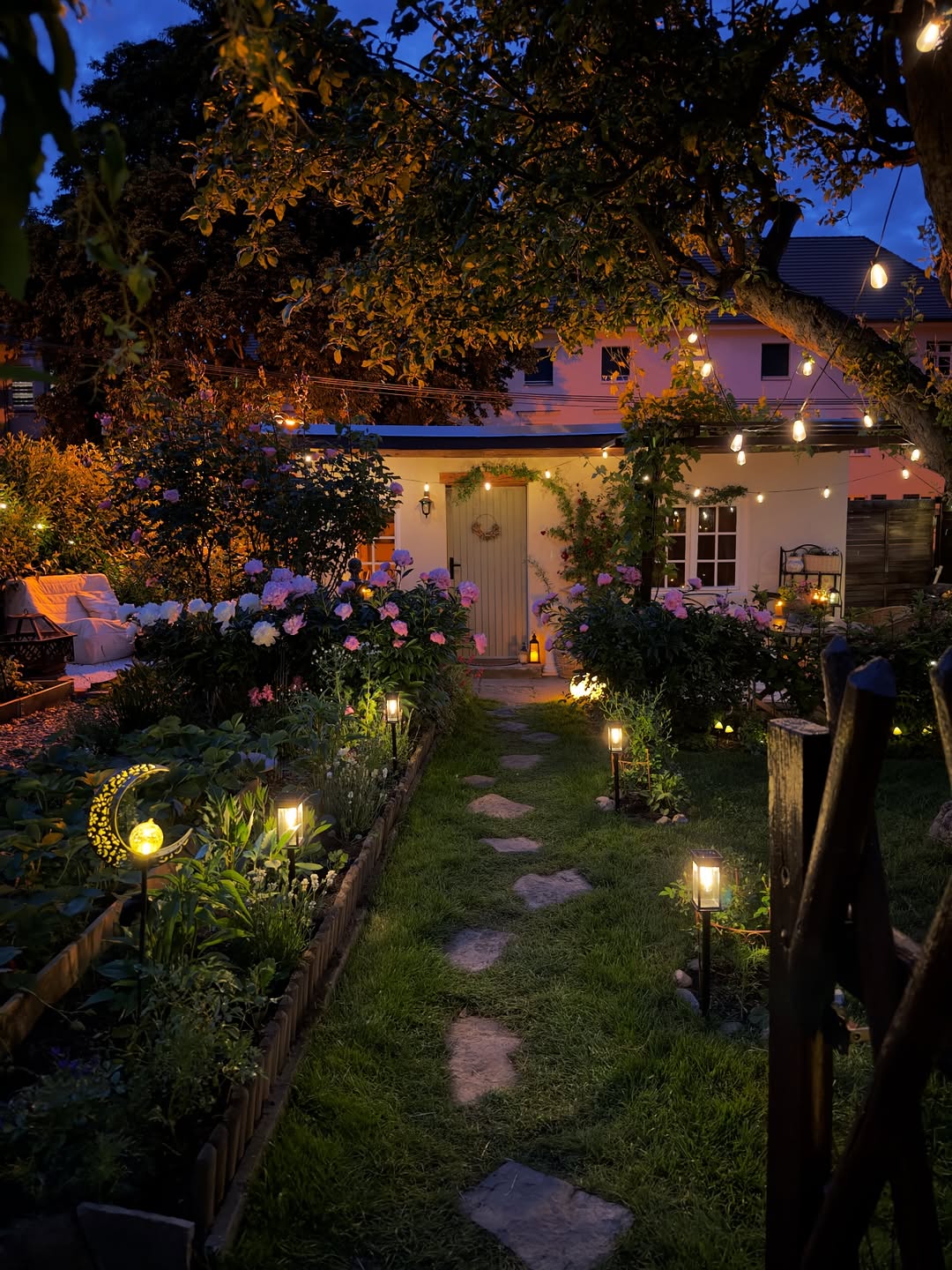 Stepping stone garden path lit with lanterns and string lights at dusk beside pink peonies