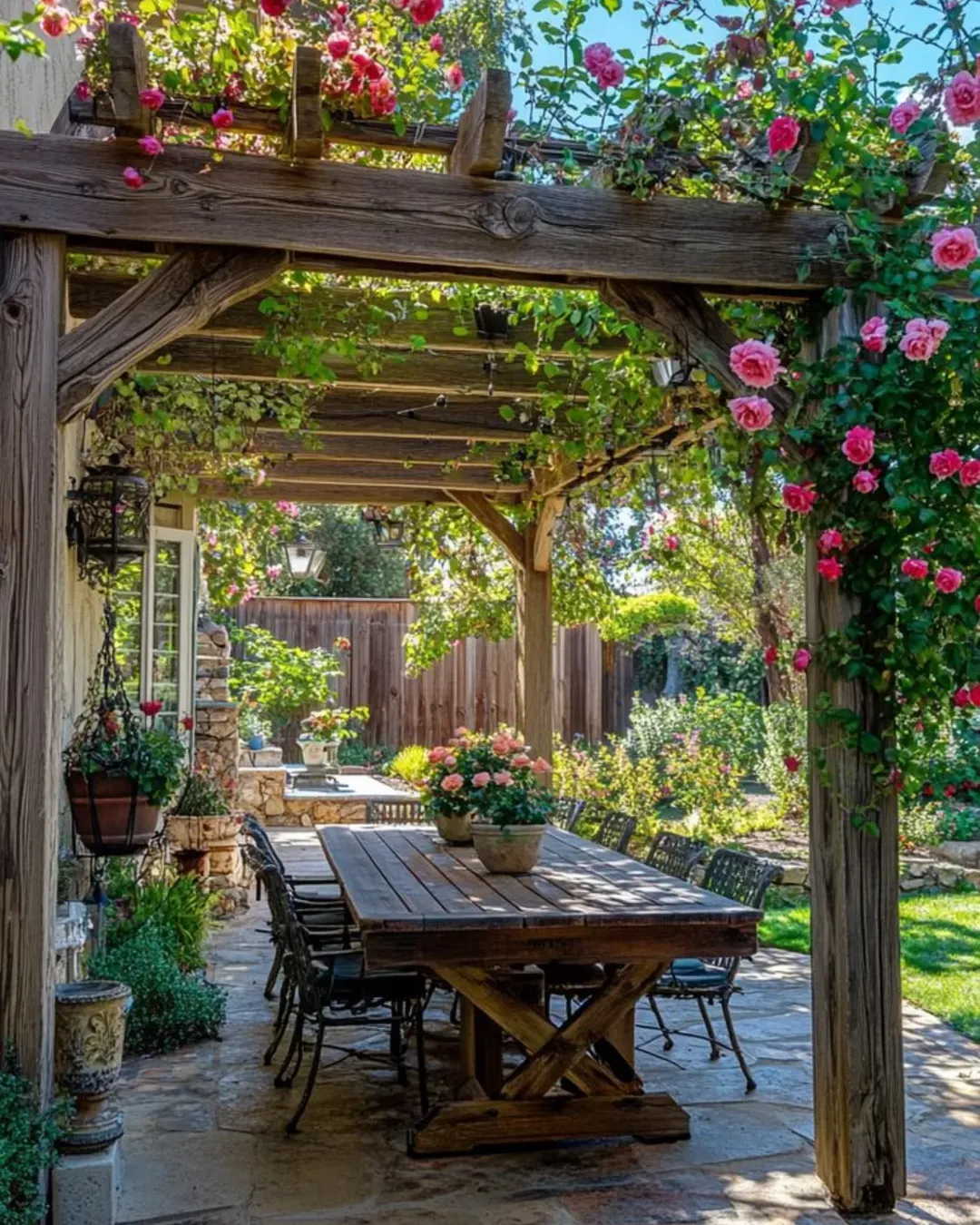 Rustic timber pergola covered in pink climbing roses over a long outdoor dining table