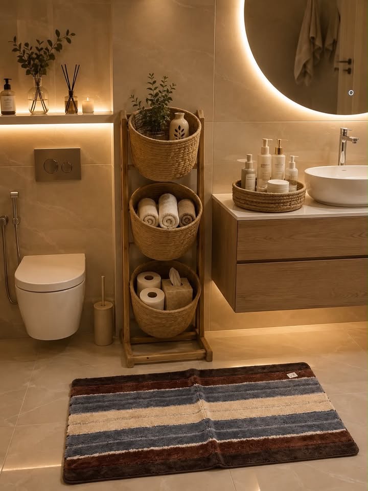 Three tier woven basket stand next to toilet and floating wood vanity