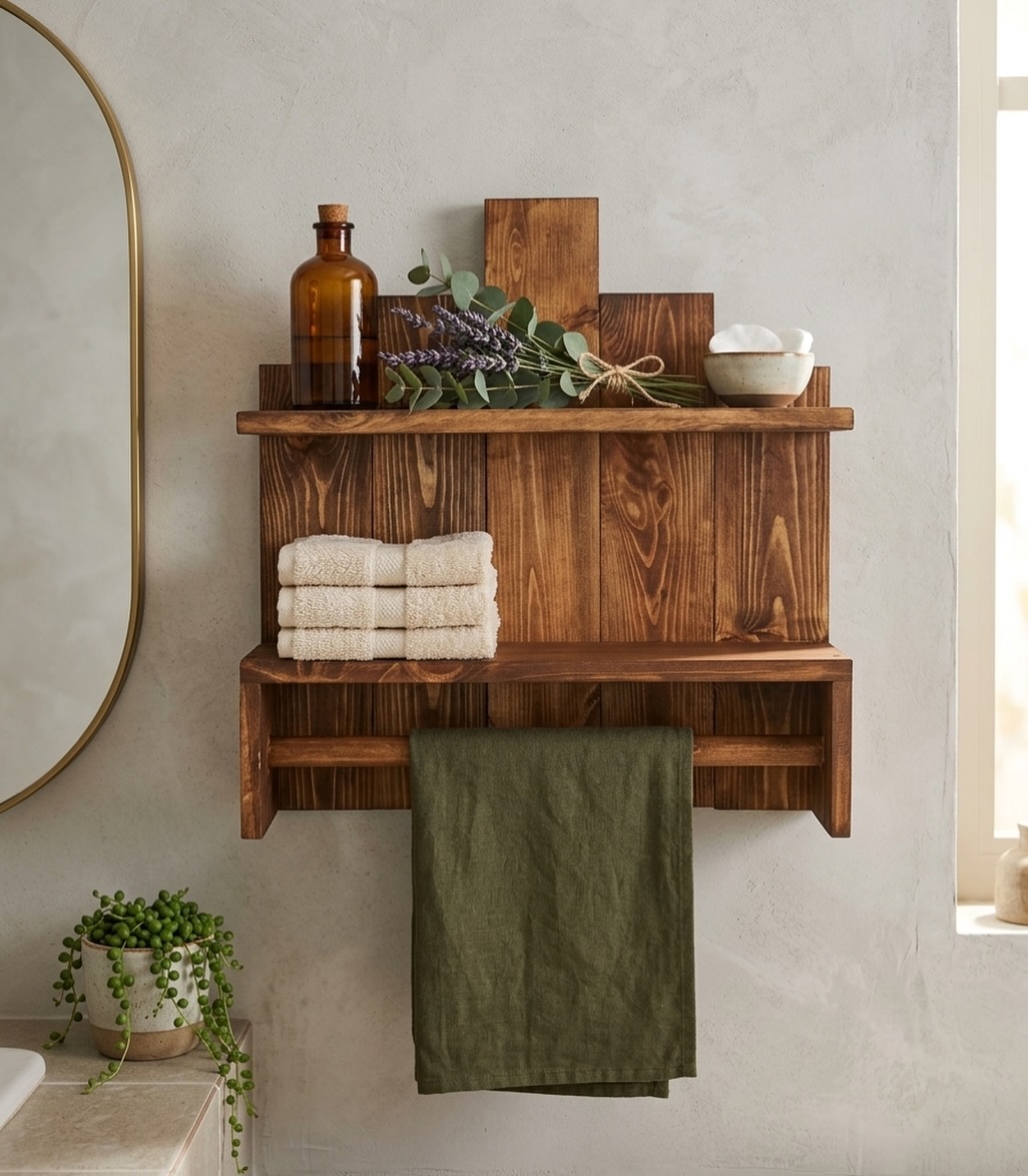 Dark wood wall mounted shelf with towel bar and folded towels